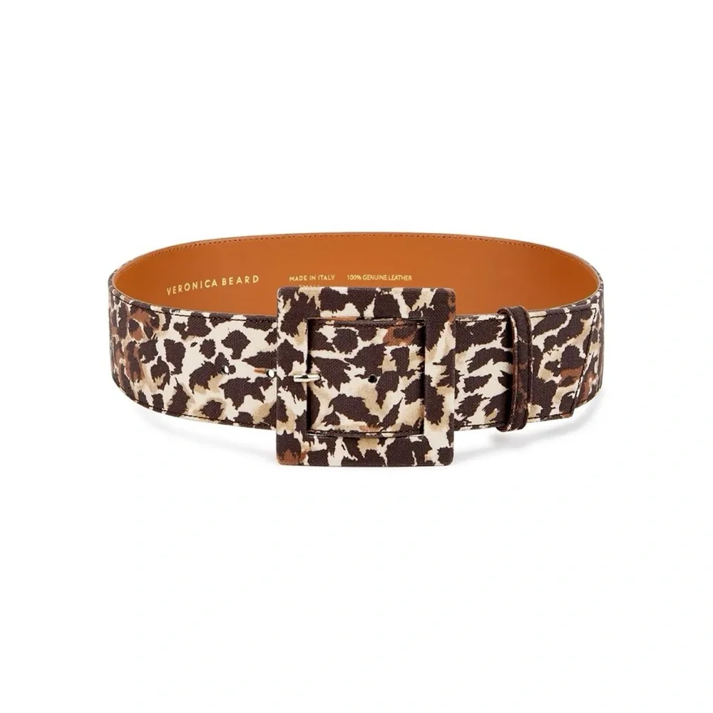 Veronica Beard Rickie Belt (Sz M) Wide Canvas Leather Leopard Print Brown Multi